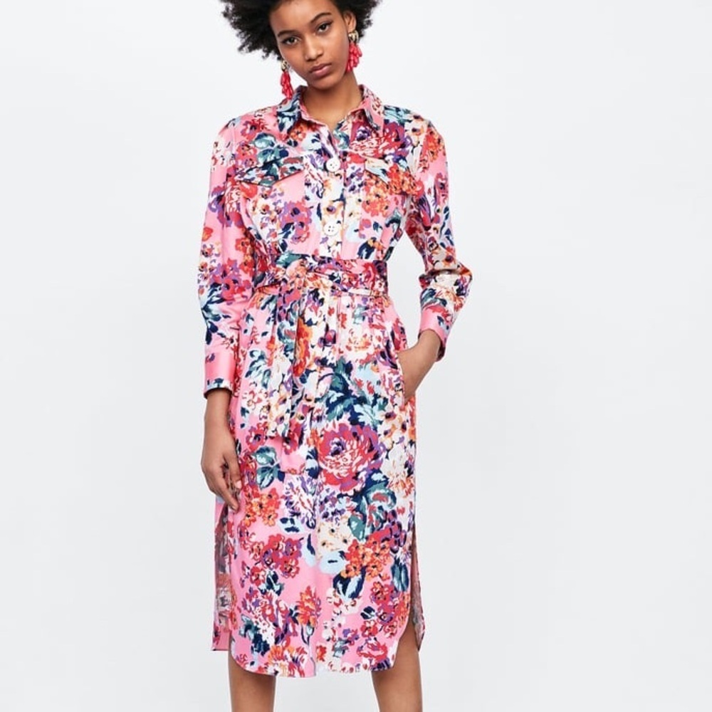 Zara Long Sleeves Side Pockets Floral Print Shirt MIDI Dress Size Small